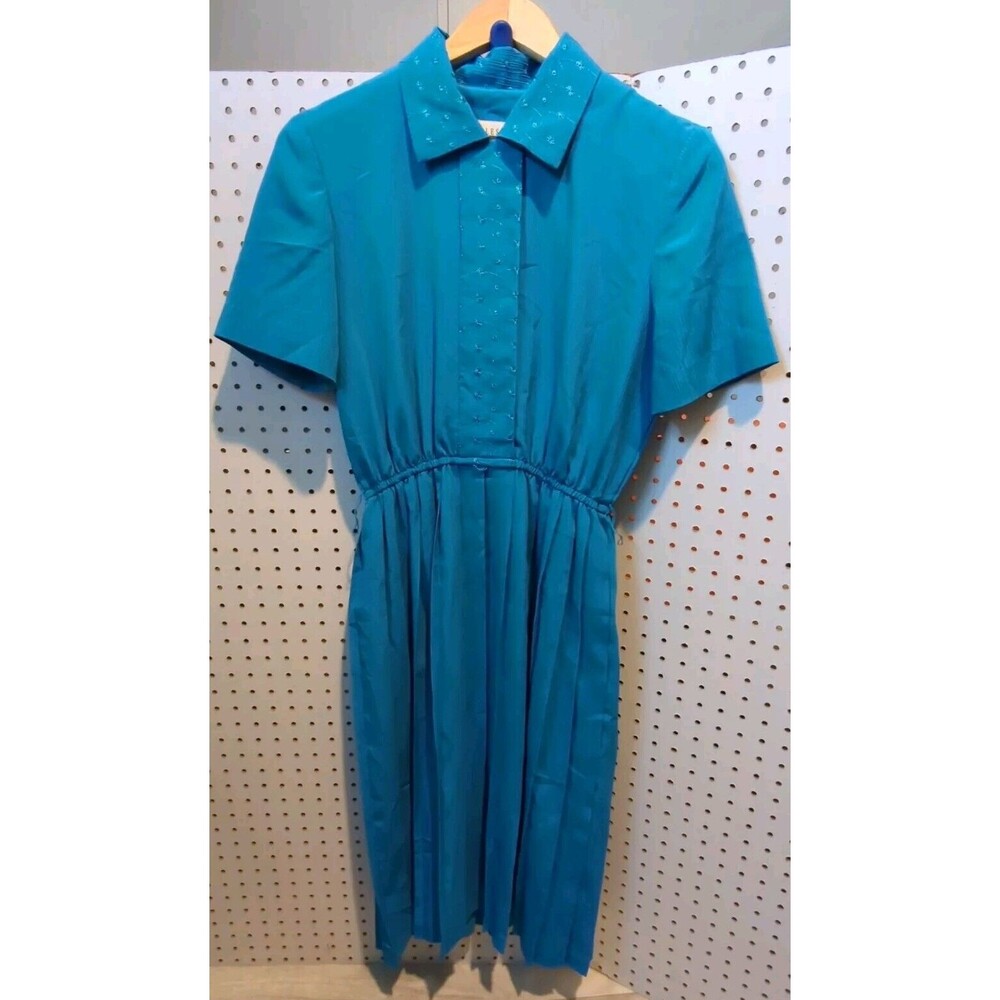 Leslie Fay Dress Petite 6P Blue Floral Embroidered Short Sleeve